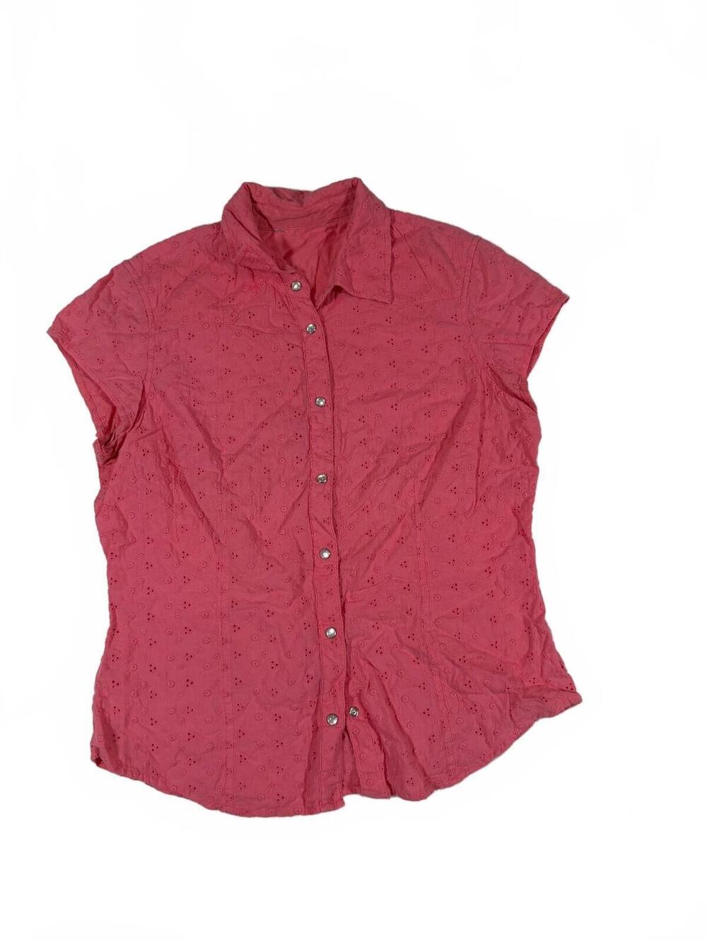 Women's Pink Eyelet Pink Cotton Button Up Short Sleeve Fitted Top Measures M